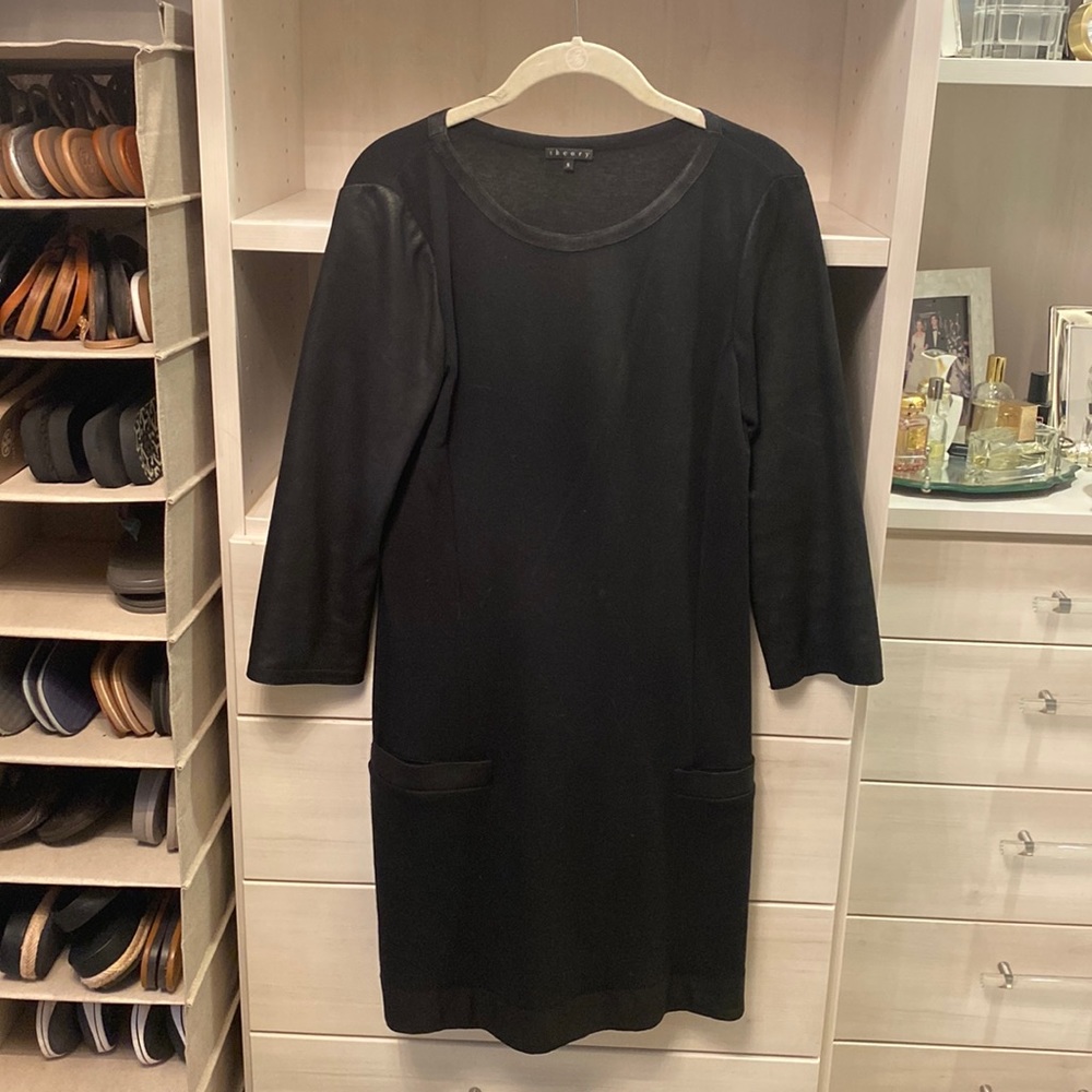 Theory Dress black sheath with leather sleeves and trim - Size S